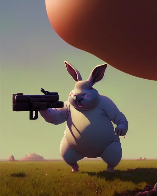 Image similar to highly detailed surreal vfx portrait of a cute, happy big chungus, shooting two mac - 1 0 s, stephen bliss, unreal engine, greg rutkowski, loish, rhads, beeple, makoto shinkai and lois van baarle, ilya kuvshinov, rossdraws, tom bagshaw, alphonse mucha, global illumination, detailed and intricate environment