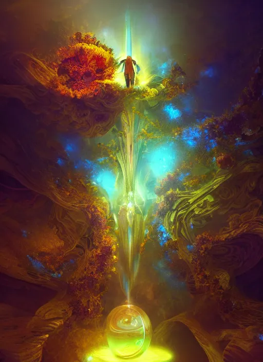 Image similar to flowers within the whole infinite capsule apparent with awe the apparition, an idea seep's into infinity highly detailed in volumetric latent space, golden turquoise steampunk, high contrast cinematic light, mystical shadows, sharp focus, divine realm of gods, octane render, artist by boris vallejo,