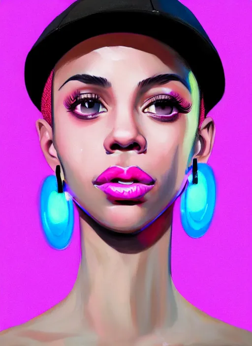 Image similar to portrait of teenage vanessa morgan with bright pink hair, black girl, curly pixie cut hair, wearing newsboy cap, pink short haircut, newsboy cap, hoop earrings, blue eyes, intricate, elegant, glowing lights, highly detailed, digital painting, artstation, concept art, smooth, sharp focus, illustration, art by wlop, mars ravelo and greg rutkowski