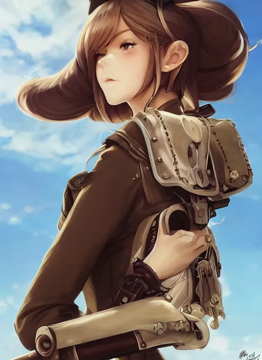 Prompt: girl with steampunk weapons and uniform, serious, finely detailed, made by artgerm, ross tran, studio ghibli, full body portrait, illustration, grass, sunny, sky, anime, side view, perfect anime face, realistic face, zoomed out, smooth, brown eyes,