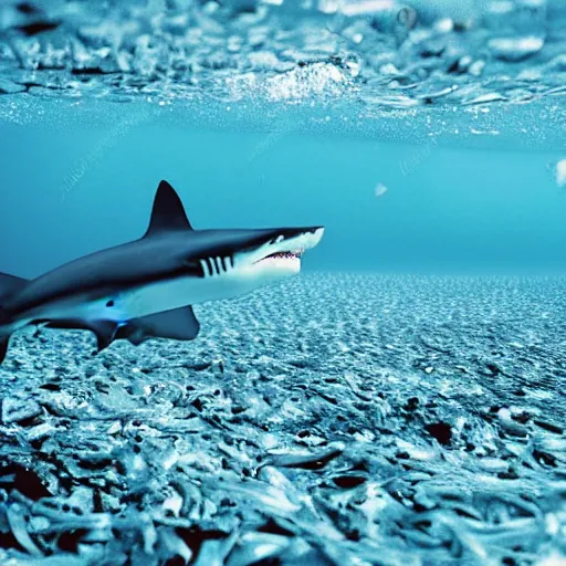 Image similar to a shark made of paper, ocean, underwater photo