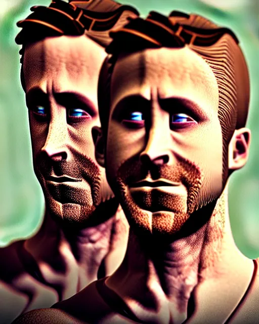 Image similar to ryan gosling and jake gyllenhaal posing dramatically together rendered in unreal engine 5, by wlop, greg rutkowski, and peter mohrbacher, octane render, ultra high detail, ultra realistic 3 d, extremely detailed shading, ray tracing, concept art, character design, trending on artstation, unreal engine 5, gritty atmosphere, glow, cinematic lighting, full of color