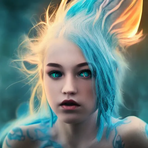 Prompt: portrait of young girl half dragon half human, dragon girl, dragon skin, dragon eyes, dragon crown, blue hair, long hair, highly detailed, cinematic lighting, by Darren Aranofski