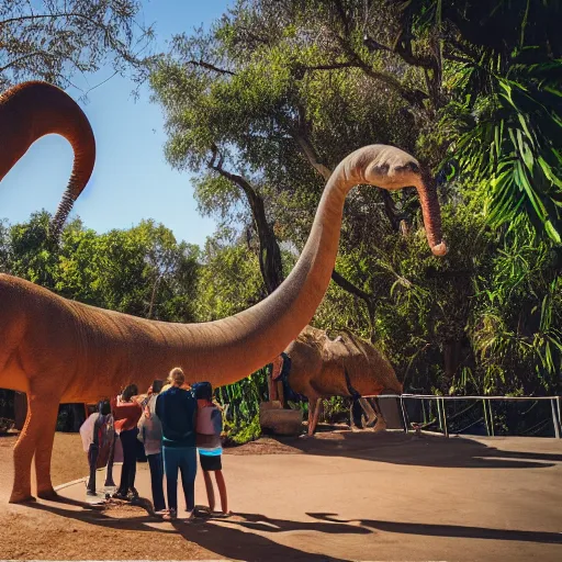 Prompt: photograph of a polaroid of a real brontosaurus exhibit at san diego zoo, tourists in background, bokeh, high definition, slr, golden hour, realistic skin