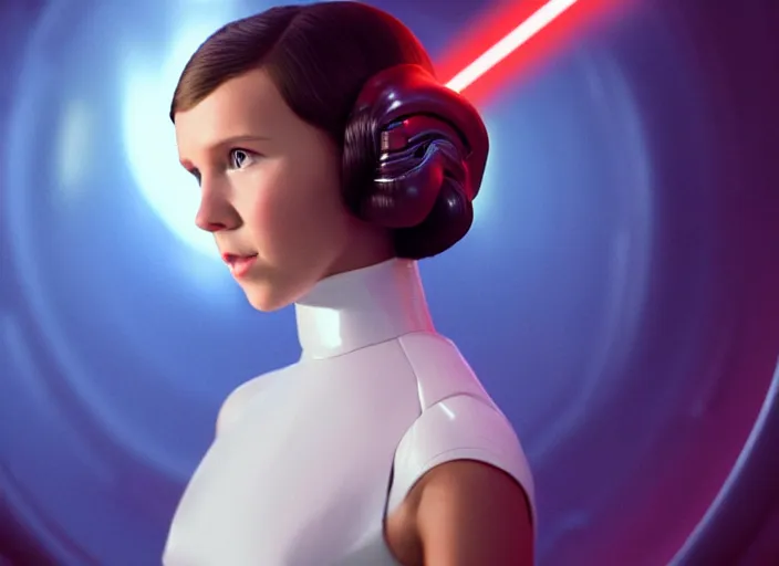 Image similar to film still of!!!! millie bobby brown!!! as princess leia in a white dress in star wars movie, closeup portrait, exploring interior of a spaceship, glamour pose, dramatic lighting, octane, mist, volumetric lighting, 8 k