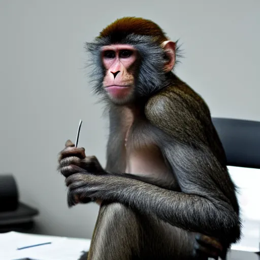 Image similar to a monkey in a suit sitting at a desk