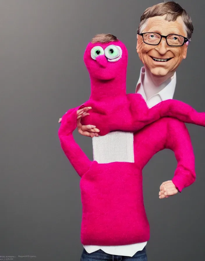 Prompt: candid 90s photoshoot of bill gates evil sock puppet wearing a pink sweater, dynamic lighting, photorealistic, stunning visuals, creative, cinematic, ultra detailed, trending on art station