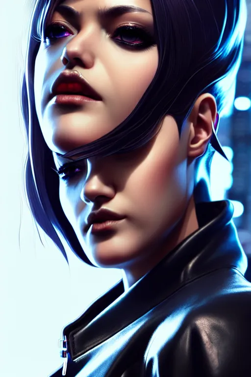 Image similar to hyperdetailed very close portrait of a stunning european woman with grey eyes in a leather suit with a pin in a cyberpunk city inspired by ross tran and wlop and masamune shirow and kuvshinov, concept art, intricate, photorealistic, octane render, rtx, hdr, unreal engine, dnd digital art by artgerm