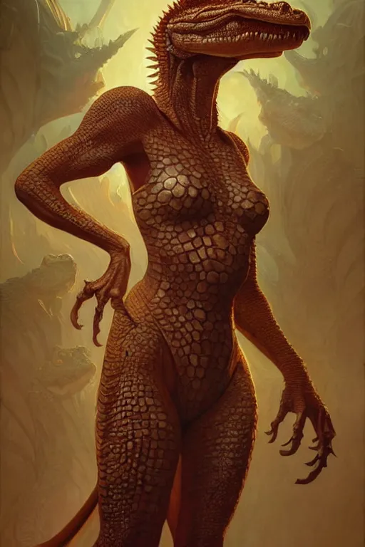 Image similar to crocodile godess date, reptilian skin suit, d & d, fantasy, intricate, elegant, highly detailed, digital painting, artstation, concept art, matte, sharp focus, illustration, art by artgerm and greg rutkowski and alphonse mucha