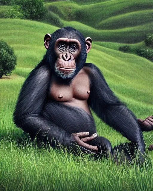 Image similar to very detailed high resolution illustration of a chimpanzee, rolling green hills, 3 d, 8 k, extremely detailed, artstation, award winning