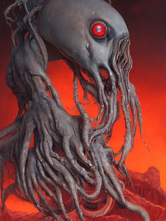 Image similar to wayne barlowe painting of a flying sorrowful looking severed human head with tears running down it's eyes, face that is chalk white in color, with long white tentacles stemming from it's neck, fiery scorching red eyes, background sprawling terrifying hellish cave with lava flowing through it's walls, 4 k