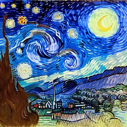 Image similar to A post-Impressionist oil painting of a night sky roiling with chromatic blue swirls, a glowing yellow crescent moon, and stars rendered as radiating orbs, over a village. A large stylized cypress tree is in the left foreground. By Vincent van Gogh, 1889.