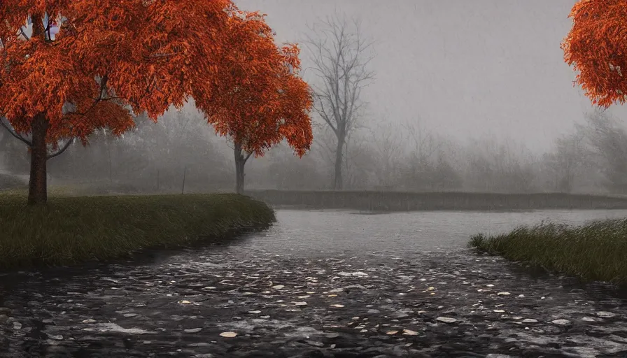 Image similar to autumn, midwest town, grey sky, leafs, trees, river, hyperdetailed, artstation, cgsociety, 8 k