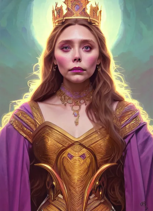 Image similar to portrait of elizabeth olsen as a queen, throne, jewelry, greek, amethyst, intricate, headshot, highly detailed, digital painting, artstation, concept art, sharp focus, cinematic lighting, illustration, art by artgerm and greg rutkowski, alphonse mucha, cgsociety