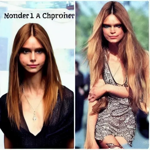 Image similar to before and after picture of a beautiful supermodel with long hair and the same supermodel with short hair