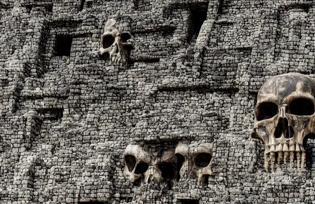 Prompt: mayan temple in form of punisher skull. background jungle