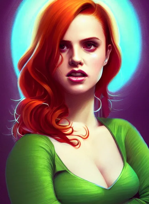 Image similar to full body portrait of teenage cheryl blossom, bangs, green eyes, mischievous expression, red hair, sultry smirk, bangs and wavy hair, intricate, elegant, glowing lights, highly detailed, digital painting, artstation, concept art, smooth, sharp focus, illustration, art by wlop, mars ravelo and greg rutkowski