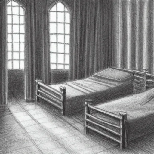 Image similar to hogwarts boy dormitory with rows of beds early in the morning, sun shining behind closed curtains, realistic and detailed pencil drawing