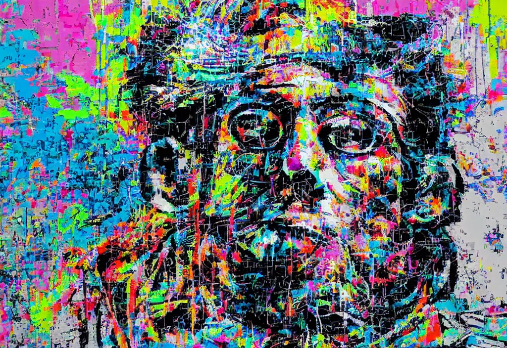 Image similar to full color banksy graffiti with statement of ai art is not art, detailed, realistic, glitch art effect