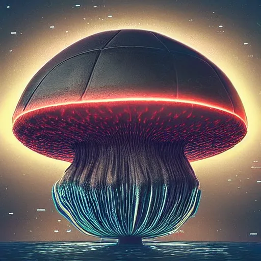 Image similar to mushroom ufo logo on black background, 3d, trippy glitched digital art, artstation, cgsociety