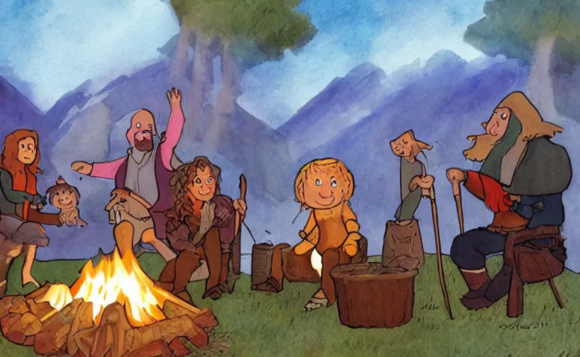 Image similar to childrens book illustration of the fellowship of the ring making s'mores around a campfire