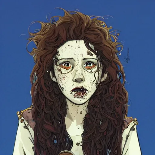 Image similar to Highly detailed portrait of a punk zombie young lady with freckles and brown curly hair hair by Atey Ghailan, by Loish, by Bryan Lee O'Malley, by Cliff Chiang, was inspired by image comics, inspired by scott pilgrim, inspired by graphic novel cover art !!!gold, silver, opal, brown, black, and white color scheme ((grafitti tag brick wall background))