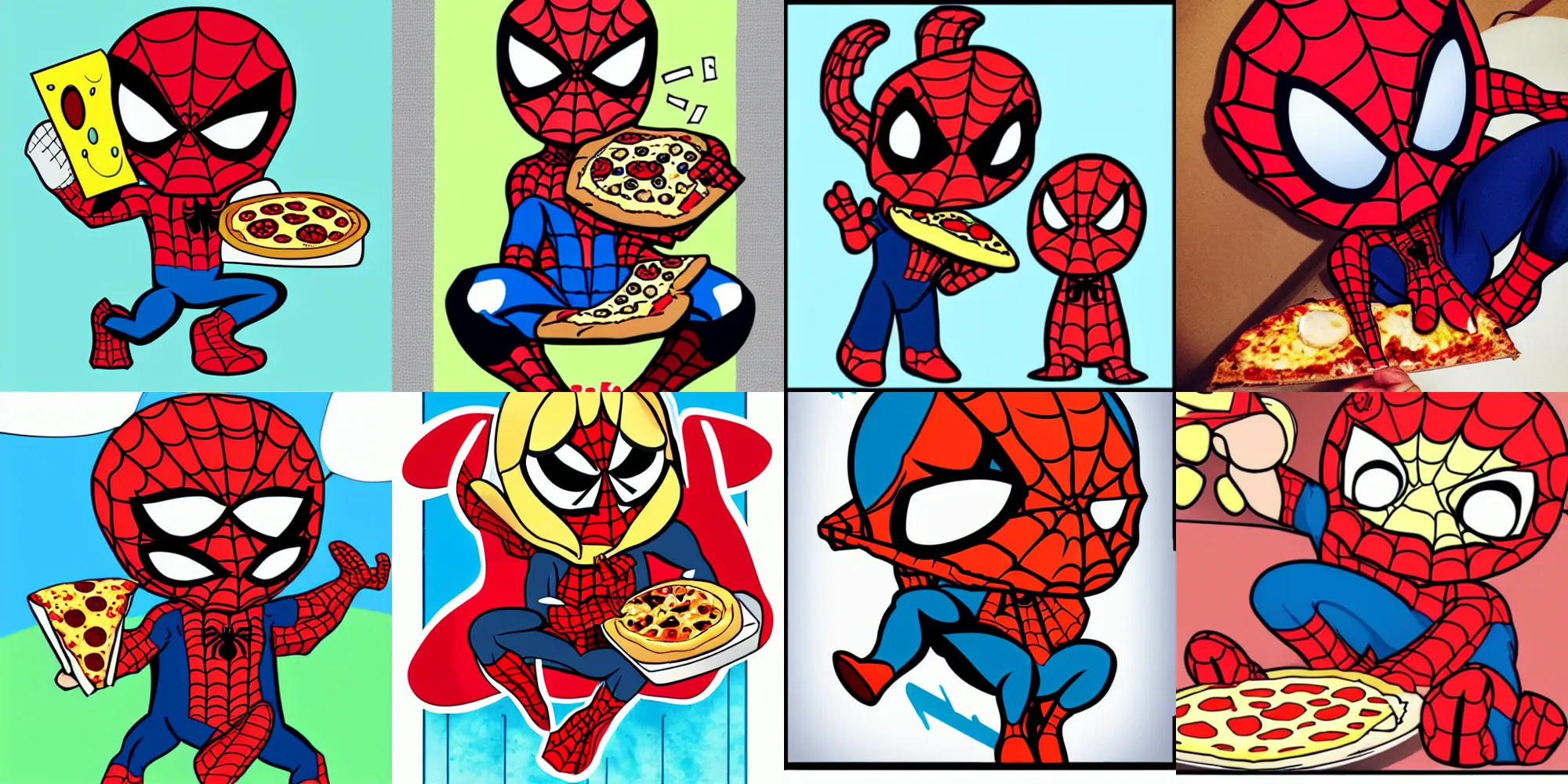 Prompt: cute chibi spiderman eating pizza