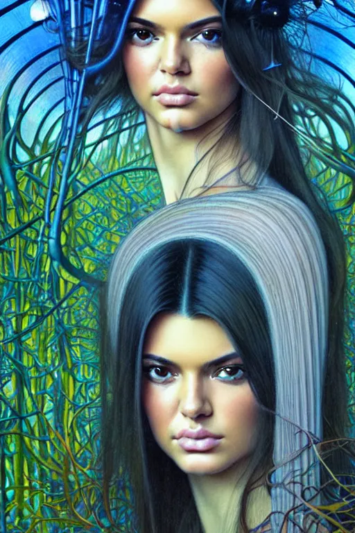 Prompt: realistic detailed face portraitphoto of the beautiful kendall jenner with long hair with sci-fi headwear, futuristic sci-fi forest on background by Jean Delville, Amano, Yves Tanguy, Alphonse Mucha, Edward Robert Hughes, Roger Dean, rich moody colours, blue eyes