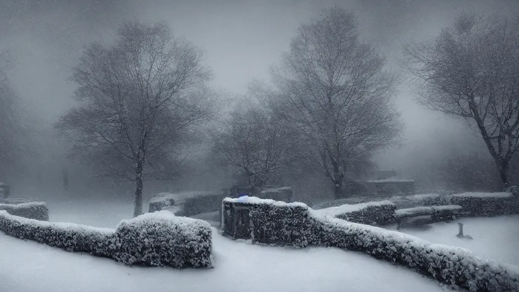 Prompt: the secret garden under heavy snow. andreas achenbach, artgerm, mikko lagerstedt, zack snyder, tokujin yoshioka