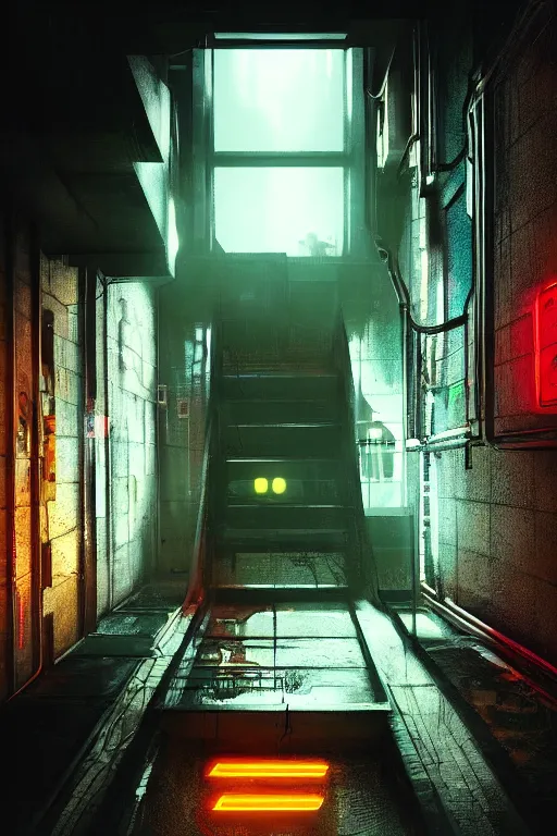 Prompt: down a basement staircase, neon lights, cyberpunk style, digital painting, concept art, smooth, sharp focus, hyperrealistic, illustration, artstation trending, octane render, unreal engine, ambient light, dynamic lighting, magical, dark vibes, Cyberpunk 2077