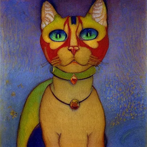 Image similar to masterpiece painting of a mechanical cloisonne cat head sculpture, by annie swynnerton and and diego rivera and nicholas roerich and jean delville, spacecat, symbolist, dramatic lighting, god rays, art brut, rich colors, smooth, sharp focus, extremely detailed, adolf wolfli and ( donato giancola and bilibin )