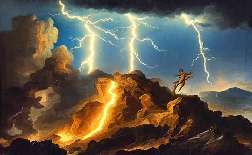 Image similar to gigachad fighting zeus on top of a mountain, fire, lightning, shockwave, explosion