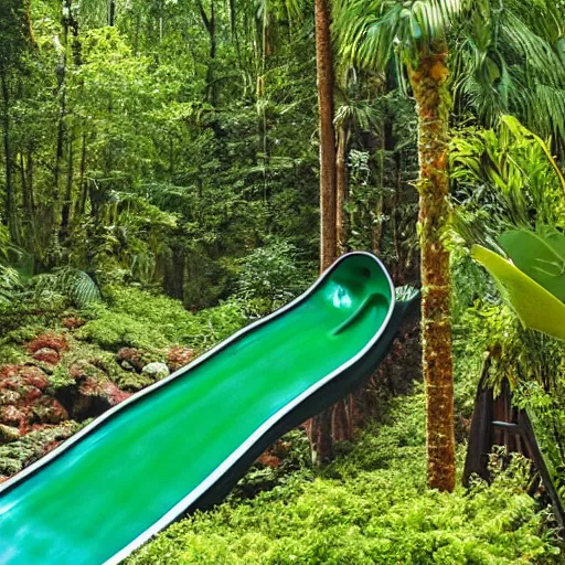 Prompt: subtropical pool water slide in forest