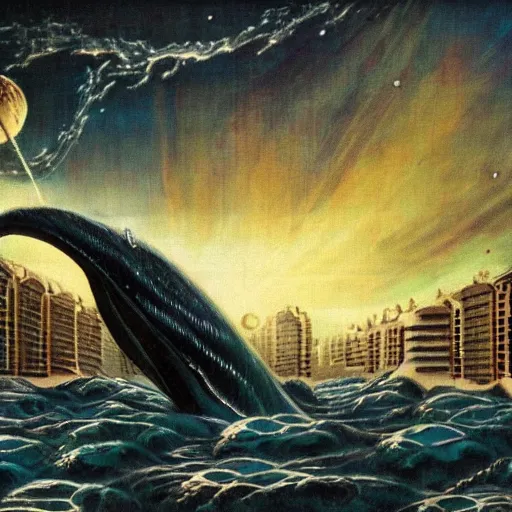 Image similar to cosmic eldritch space whale consuming a city on venus, epic surrealism, elegant, dreadful