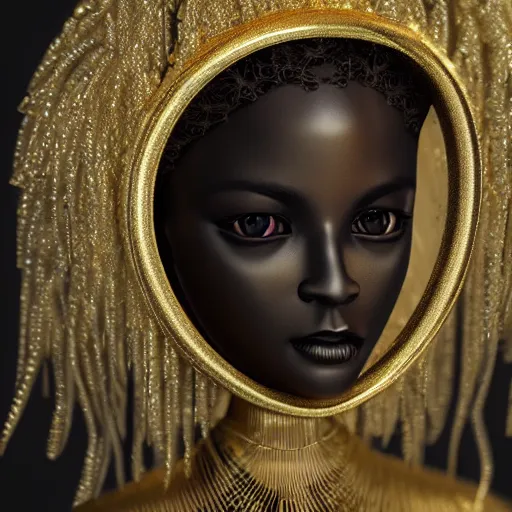 Prompt: Ultra realistic beautiful ball jointed doll head, long shiny hair, intricate detailed, gilded gold and diamonds, sharp focus, octane render, high quality, 8k, volumetric lighting, on black background