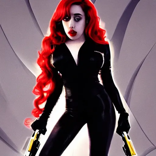 Image similar to Singer Kali Uchis as White as Marvel's Black Widow, red hair, excellent composition, cinematic atmosphere, precise facial anatomy, dynamic dramatic cinematic lighting, precise correct anatomy, aesthetic, very inspirational, grindhouse