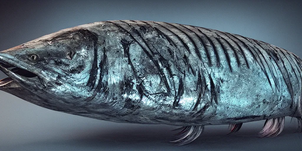 Prompt: tuna, stylized layered textures, long flowing fins, bioluminescent orbs, 3 d render, substance painter, glowing eye, smooth, sharp focus, art by h r giger