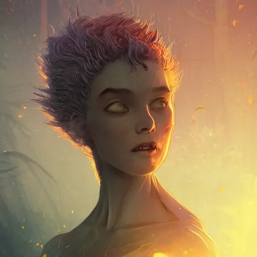 Image similar to Portrait of a vampire in a beautiful world, intricate, elegant, fantasy, highly detailed, digital painting, concept art, Junji Ito, sharp focus, illustration, beautiful volumetric lighting, epic light, artstation, magic hour lighting, colorful, sunshine, springtime, art by Sylvain Sarrailh