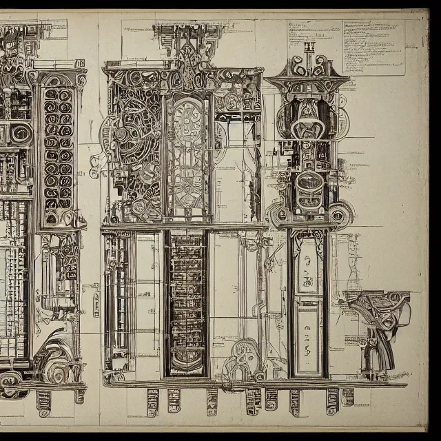 Image similar to beautiful, symmetric, art nouveau, detailed, intricate technical drawing from 1 8 4 0 with extensive written labels and covered in scribbled pencil notes, for a mechanical display attachment to babbage's difference engine, showing a screen playing tetris