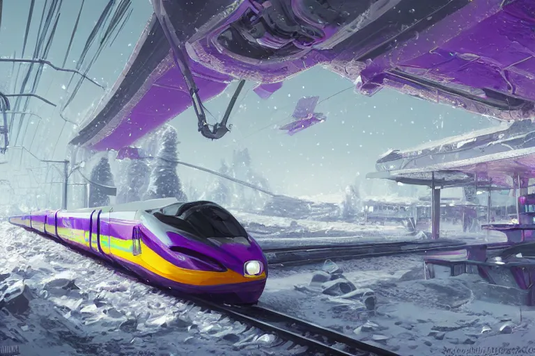 Image similar to willy wonka's grand intricate futuristic purple colorful bullet train, post - apocalyptic ice landscape in snowstorm, concept art, artstation, highly detailed, digital art