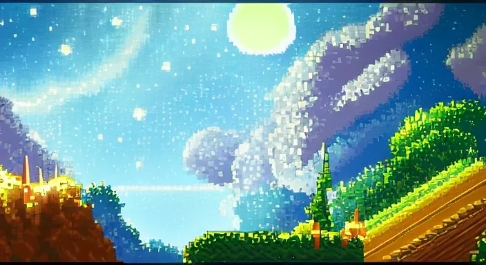 Prompt: Beauiful background level of a 2D Sega Genesis game, video game art, pixel art, concept art, starry sky, dreamy and romantic, detailed, trending on artstation