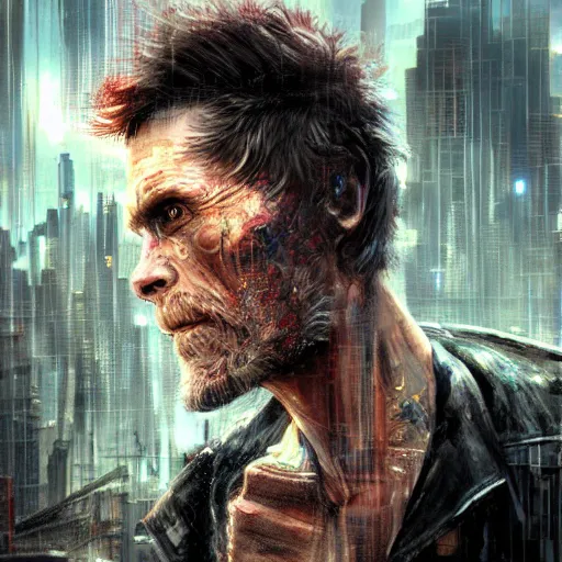 Image similar to closeup portrait of william dafoe, cyberpunk, shaggy ex military guy, city background, dramatic light, gorgeous view, depth, high detail, digital art, painted by greg rutkowski and seb mckinnon, neuromancer, trending on artstation