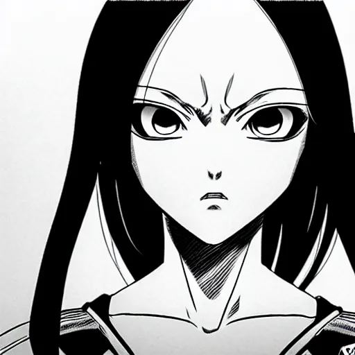 Image similar to alita by yukito kishiro. medium shot. black and white manga. pencil drawing.