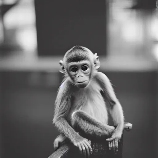 Prompt: cute baby monkey wearing a littlel suit, 35mm film photography, ILFORD XP2 Super