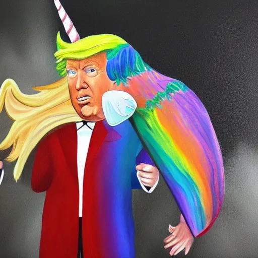 Image similar to a realistic painting of donald trump riding a rainbow unicorn