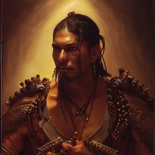 Prompt: highly detailed oil painting | very intricate | cinematic lighting | award - winning | the voodoo samurai in full armor | by roberto ferri, by tom bagshaw, by j. c. leyendecker and klimt, beautiful cinematic light, american romanticism, by austin osman spare, artstation, cgsociety, official art, octane