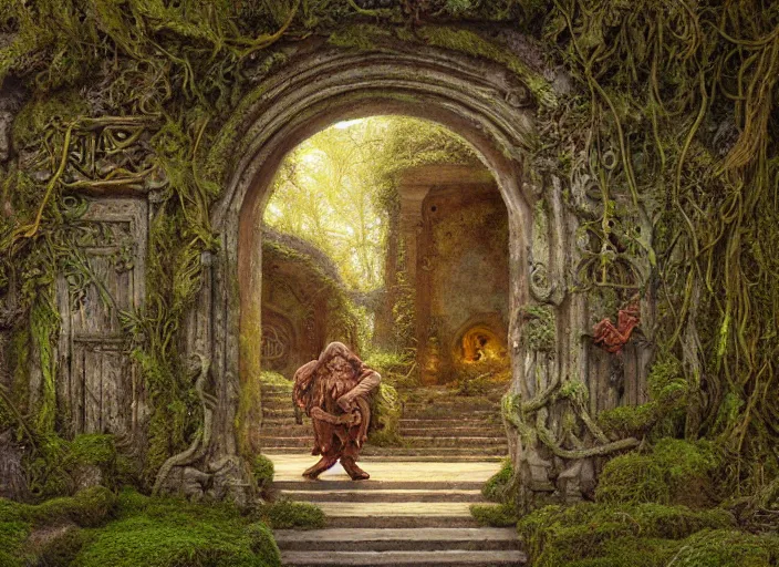 Image similar to jim henson's labyrinth. two doors. a carved stone overgrown with moss. an old door made of wood and rusty metal. by edgar maxence and caravaggio and michael whelan and delacroix style, artistic, intricate painting, cinematic lighting, hyper realistic, extremely detailed, 8 k resolution, establishing shot, dramatic lighting