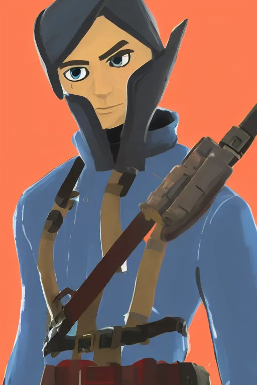 Image similar to an in game portrait of tf 2 spy from the legend of zelda breath of the wild, breath of the wild art style.