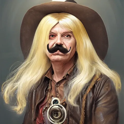 Prompt: 6 0 - year - old charles elmer rip taylor jr as a cyborg, blonde wig, handlebar moustache, portrait, western, steampunk, pink duster, fantasy, intricate, elegant, highly detailed, digital painting, artstation, concept art, sharp focus, illustration, art by artgerm and greg rutkowski and alphonse mucha