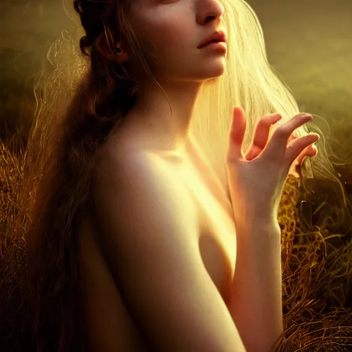 Image similar to photographic portrait of a stunningly beautiful female renaissance germanic pagan, in soft dreamy light at sunset, god rays, contemporary fashion shoot, by edward robert hughes, annie leibovitz and steve mccurry, david lazar, jimmy nelsson, breathtaking, 8 k resolution, extremely detailed, establishing shot, artistic, hyperrealistic, perfect face, octane render